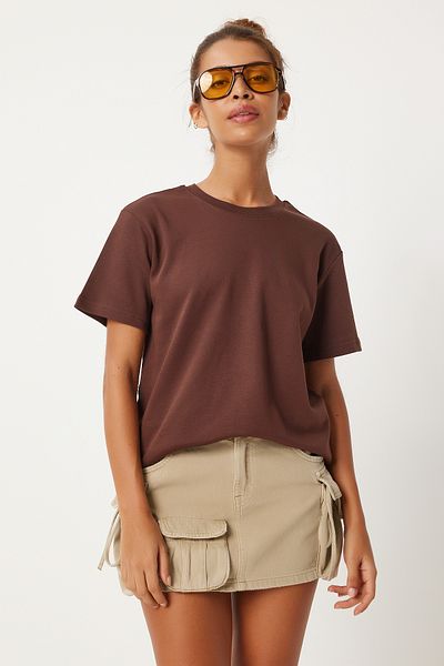Happiness İstanbul Braunes Damen-T-Shirt mit Rundhalsausschnitt, 100 % Baumwolle – FN03265