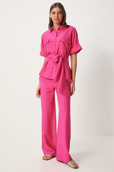 Happiness İstanbul Pink Belted Women's Shirt and Trousers Set - FN03276