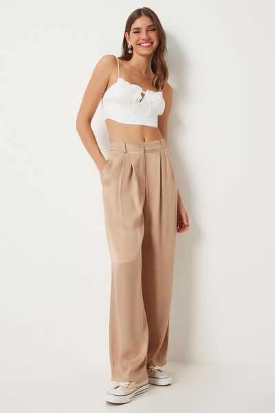 Happiness İstanbul Beige Palazzo-Hose aus Satin - Damen FN03270