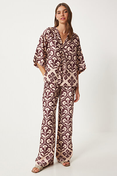 Happiness İstanbul Szilva krém viszkóz Palazzo blúz és öltöny - megkötve FN03278