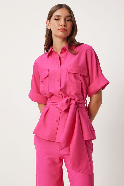 Happiness İstanbul Pink Belted Women's Shirt and Trousers Set - FN03276
