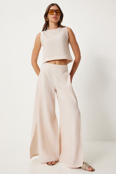 Happiness İstanbul Linen Blouse and Slit Loose Pants Set - Women's Cream FN03271