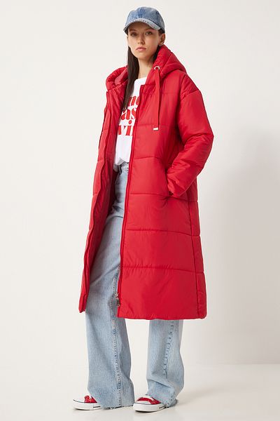 Happiness İstanbul Roter, langer Puffermantel mit Kapuze für Damen - DD01006