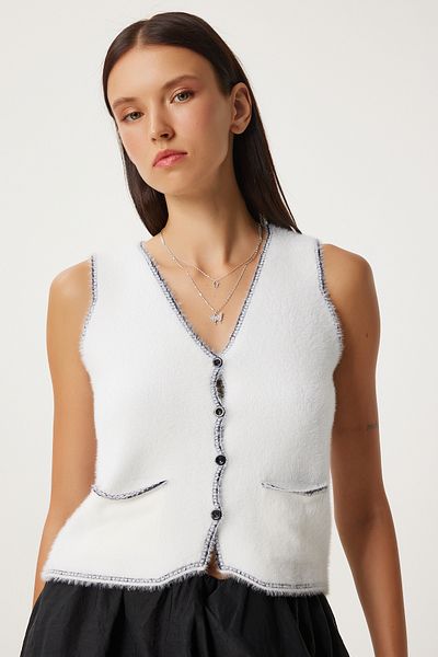 Happiness İstanbul Ecru V-Neck Bearded Women's Knitwear Vest - YY00219