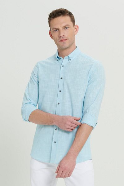 ALTINYILDIZ CLASSICS Türkisfarbenes Slim-Fit-Flam-Hemd für Herren – Leinenoptik, 100 % Baumwolle, Knopfkragen