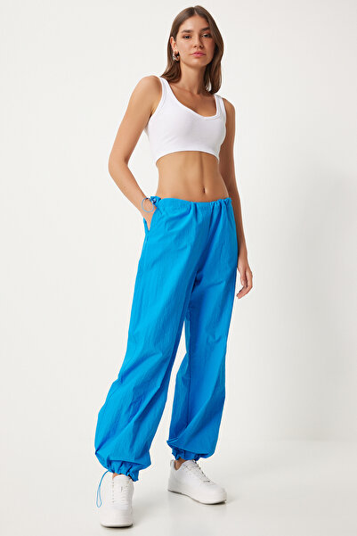 Happiness İstanbul Kadın Mavi Cepli Paraşüt Şalvar Pantolon  FN03274