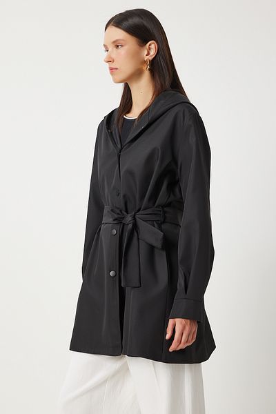 Happiness İstanbul Women's Black Hooded and Belted Trench Jacket - DD01335