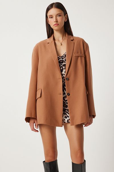 Happiness İstanbul Kamelfarbener Blazer aus Leinen – Schalkragen, Übergröße FN03291