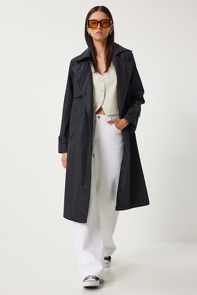 Happiness İstanbul Women's Black Long Trench Coat - Flowing, DD01334