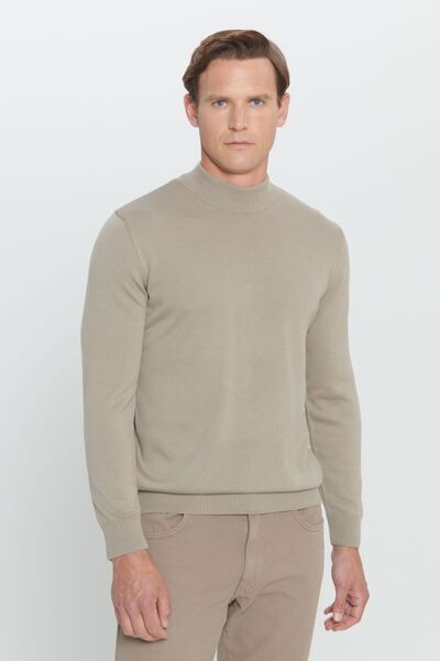 ALTINYILDIZ CLASSICS Erkek Vizon Standart Fit Normal Kesim Yarım Balıkçı Yaka Pamuklu Triko Kazak