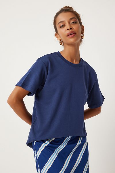 Happiness İstanbul Navy Blue Women's T-Shirt - 100% Cotton, Crew Neck FN03265