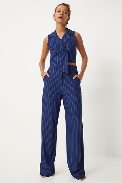 Happiness İstanbul Navy Blue Pinstripe Women's Vest and Trousers Set - Double Breasted Collar TO00149