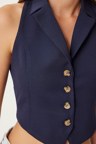 Happiness İstanbul Marineblaue Weste für Damen – mit Krawattendetails, tailliert TO00150