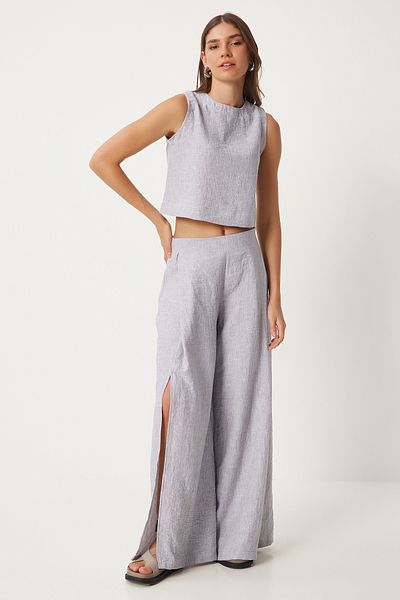 Happiness İstanbul Gray Linen Blouse and Loose Trousers Set - Slit Detailed FN03271