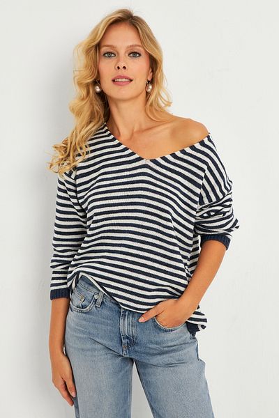 Cool & Sexy Ecru-Granatowa Bluzka Damska Z Dzianiny Z Dekoltem W Serek - Yv283