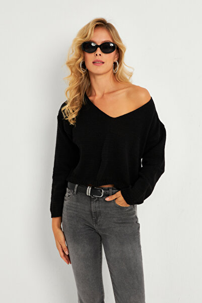 Cool & Sexy Black Loose Knitwear - Short Women's Blouse Yv281