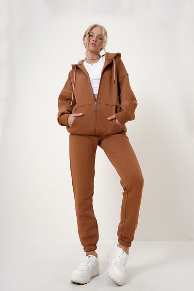 Trend Alaçatı Stili Súprava teplákových súprav Cinnamon HoodEd 3 ThEad - Kangaroo PockEt, Stuha ALC-X12501