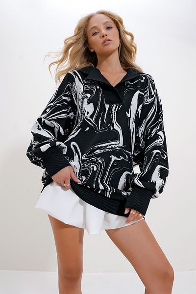 Trend Alaçatı Stili Gemustertes Damen-Sweatshirt aus Strick mit Polokragen - Schwarz/Weiß ALC-X12496