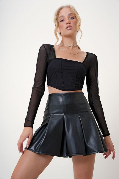 Trend Alaçatı Stili Black FauX Leather Mini Skirt - Pleated and Zippered, ALC-X12519