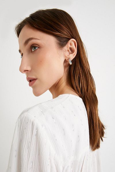 Koton Balloon Sleeve Metallic String Oversize Shirt - Prevailing Collar