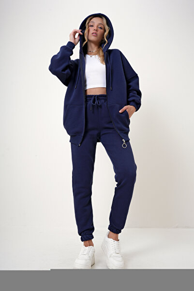 Trend Alaçatı Stili sötétkék női tréningruha szett - kapucnis, kenguru zseb, 3 szálas raszteres ALC-X12501
