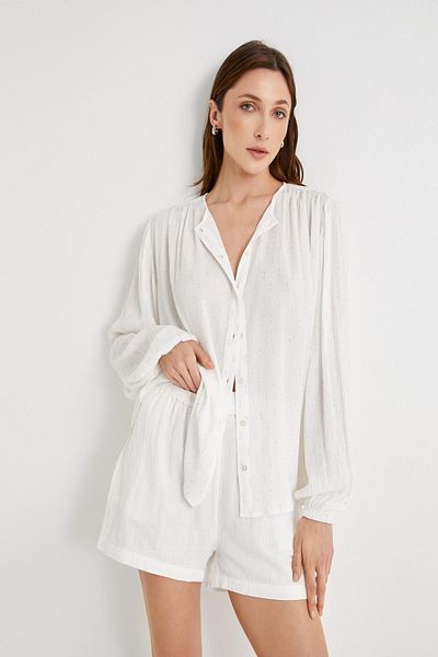 Koton Balloon Sleeve Metallic String Oversize Shirt - Prevailing Collar