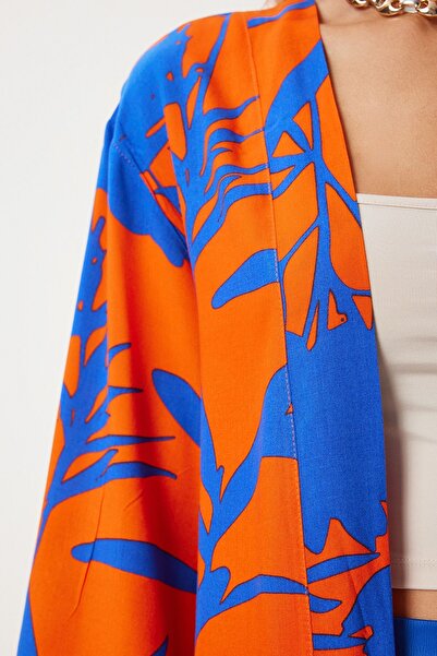 Happiness İstanbul Dámské modré oranžové vzorované viskózové kimono EN00615