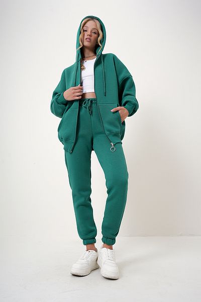 Trend Alaçatı Stili Σετ Γυναικείες φόρμες Walnut GrEEn - HoodEd, Kangaroo PockEt, 3 ThrEad RastEr ALC-X12501