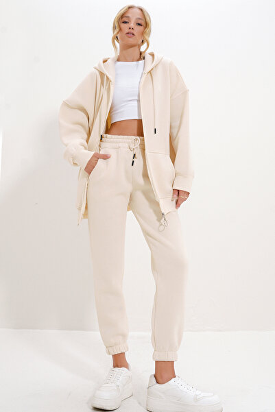 Trend Alaçatı Stili Kenguru PockEt HoodEd Cream tréningruha szett - 3 szál ALC-X12501