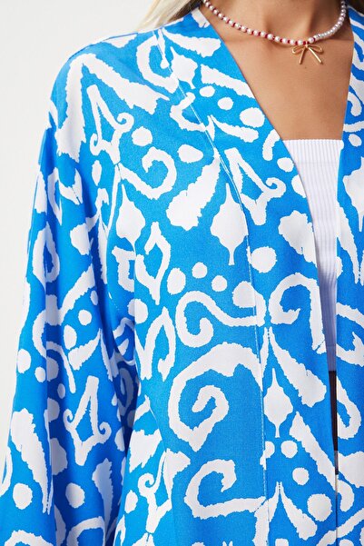 Happiness İstanbul Γυναικείο κιμονό βισκόζης με ζωηρό μπλε σχέδιο EN00615