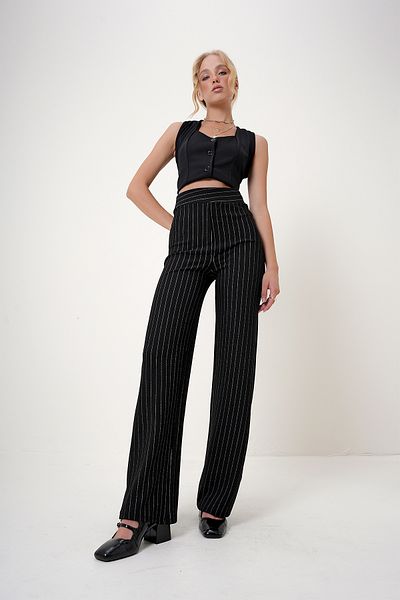 Trend Alaçatı Stili Schwarze gestreifte Strickhose mit weitem Bein und elastischem Bund ALC-X12522