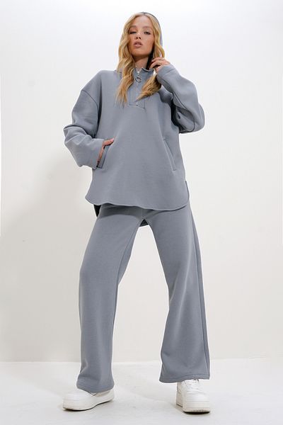 Trend Alaçatı Stili Gray HoodEd ZippErEd Tracksuit SEt - DoublE PockEts, 3 ThrEad Ribbon InsidE ALC-X12500