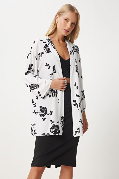 Happiness İstanbul Women's White Patterned Viscose Kimono EN00615