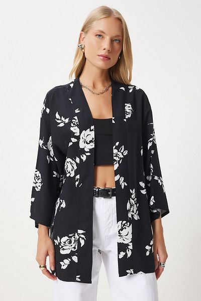Happiness İstanbul Schwarzer gemusterter Viskose-Kimono für Damen EN00615