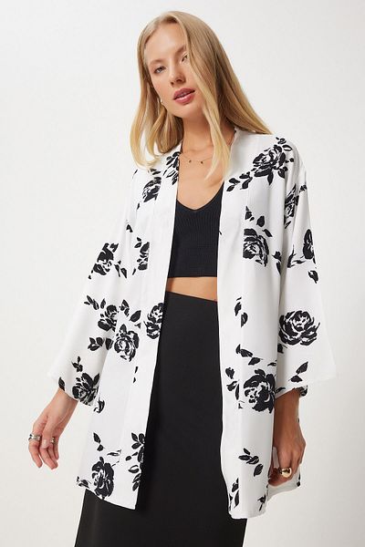 Happiness İstanbul Dámské bílé vzorované viskózové kimono EN00615