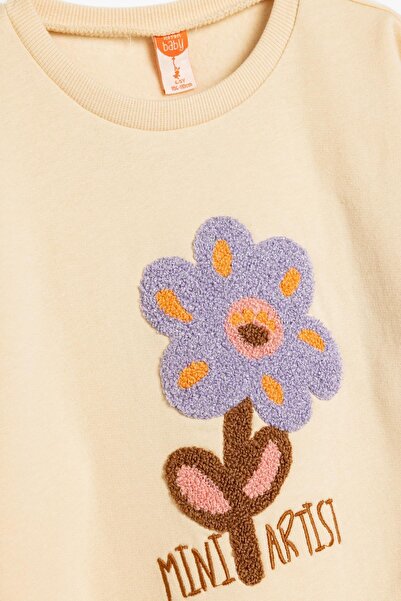 Koton Hanorac din bumbac cu guler rotund - Detaliu cu aplicații florale, mânecă lungă