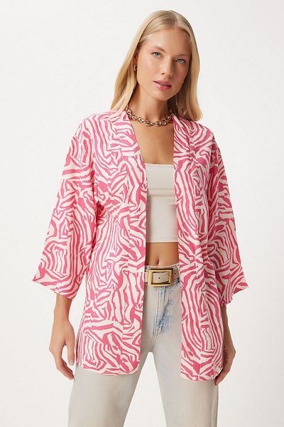 Happiness İstanbul Rosa gemusterter Viskose-Kimono für Damen EN00615