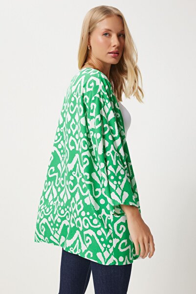 Happiness İstanbul Γυναικείο κιμονό βισκόζης με πράσινο εκρού EN00615