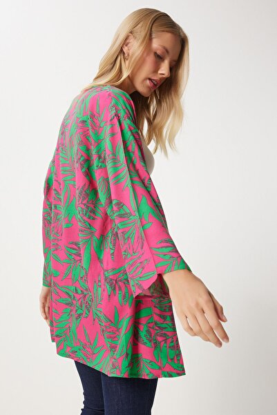 Happiness İstanbul Γυναικείο κιμονό βισκόζης με ροζ πράσινο σχέδιο EN00615