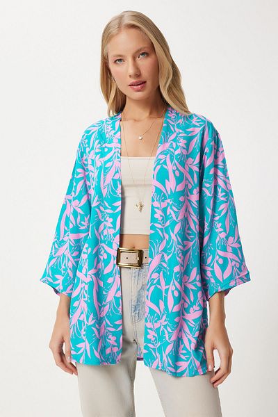 Happiness İstanbul Rosa und himmelblau gemusterter Viskose-Kimono für Damen EN00615
