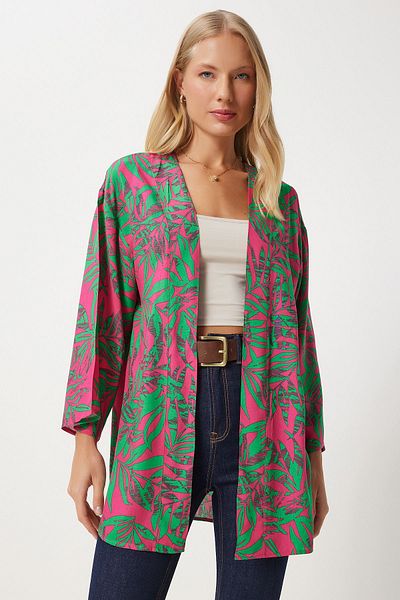 Happiness İstanbul Rosa-grün gemusterter Viskose-Kimono für Damen EN00615