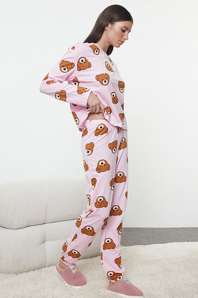 Trendyol Collection Růžový 100% bavlněný medvídek Pletené pyžamo Thmaw23Pt00514