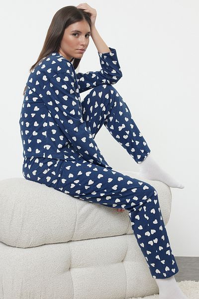 Trendyol Collection Modrá 100% bavlna srdce pletené pyžamo sada Thmaw25Pt00108