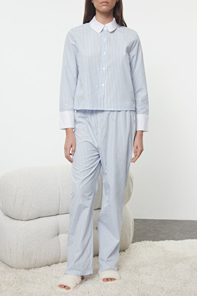 Trendyol Collection Pamut kék csíkos pizsama szett - THMAW25PT00092
