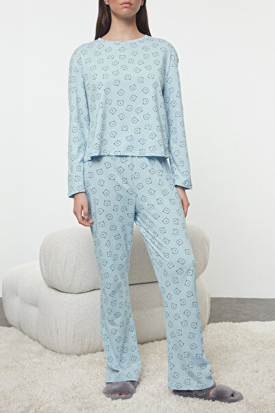 Trendyol Collection Modrá 100% bavlna Medvídek Pletené pyžamo Thmaw25Pt00131