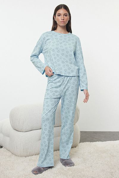 Trendyol Collection Set de pijamale tricotate cu ursuleț de pluș albastru 100% bumbac THMAW25PT00131