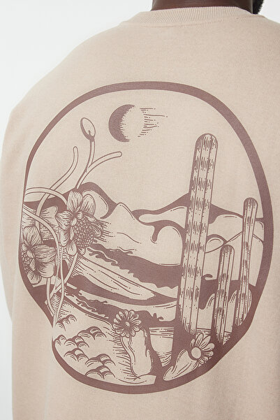 Trendyol Collection Nagy méretű bézs polár pulóver - nyakú, hátul nyomott, széles szabású TMNAW24AO00004