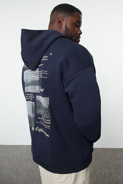 Trendyol Collection Navy Blue Oversize Hooded Oversize Sweatshirt - Back Text Printed Tmnaw25Ao00036