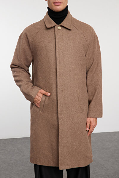 Trendyol Collection Unisex Χειμερινό παλτό με στάμπα βιζόν - Μάλλινο μείγμα, κανονική εφαρμογή TMNAW24KB00004