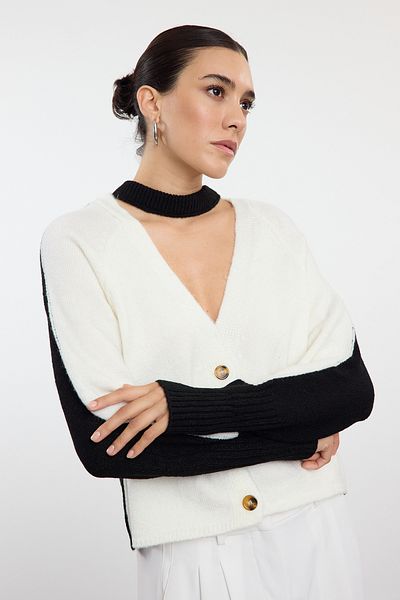 Trendyol Collection Soft Textured Ecru Knitwear Cardigan - Color Block, TWOAW25HI00211